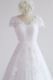 Glamorous Shortsleeves V-neck Lace Wedding Dress | White A-line Tulle Bridal Gowns With Appliques