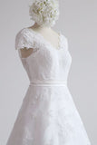 Glamorous Shortsleeves V-neck Lace Wedding Dress | White A-line Tulle Bridal Gowns With Appliques