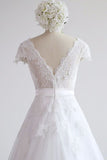 Glamorous Shortsleeves V-neck Lace Wedding Dress | White A-line Tulle Bridal Gowns With Appliques