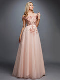 Glamorous Sleeveless Appliques Tulle A-Line Prom Dresses