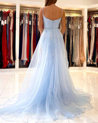 Glamorous Spaghetti-Straps Lace Mermaid Long Evening Prom Dress Sky Blue