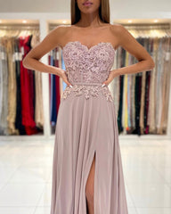 Glamorous Sweetheart Long Prom Dress Split Chiffon With Appliques