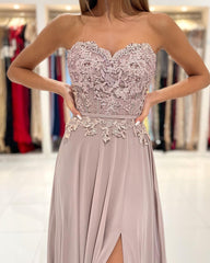 Glamorous Sweetheart Long Prom Dress Split Chiffon With Appliques