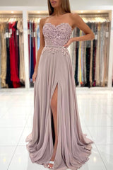 Glamorous Sweetheart Long Prom Dress Split Chiffon With Appliques