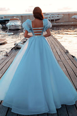 Glamorous Tulle Lake Blue Sequins Mermaid Prom Dresses With Detachable Skirt