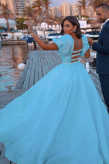 Glamorous Tulle Lake Blue Sequins Mermaid Prom Dresses With Detachable Skirt