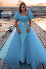 Glamorous Tulle Lake Blue Sequins Mermaid Prom Dresses With Detachable Skirt