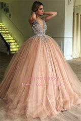 Glamorous V-Neck Ball Gown Floor-Length Tulle Prom Dresses | Sleeveless Beading Fashion Evening Gown