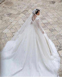 Glamorous V-Neck Long Sleeves A-line Princess Bridal Dress with Sweep Train