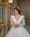 Glamorous V-Neck Long Sleeves A-line Princess Bridal Dress with Sweep Train