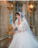 Glamorous V-Neck Long Sleeves A-line Princess Bridal Dress with Sweep Train