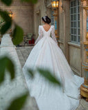 Glamorous V-Neck Long Sleeves A-line Princess Bridal Dress with Sweep Train