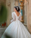 Glamorous V-Neck Long Sleeves A-line Princess Bridal Dress with Sweep Train