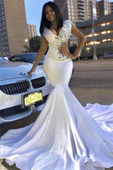 Glamorous White V-Neck Sleeveless Long Prom Dresses | Rhinestone Mermaid Evening Gown BC0692