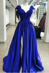 Glamourous Chiffon Dark Blue Split Prom Dresses|Lace Appliques Evening Dresses