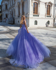 Glamourous Sleeveless Tulle Purple Zipper Prom Dresses Long