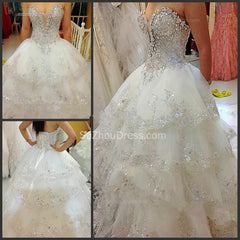 Glarmours Bridal Dresses Sequined Beading Crystal Tiered Sweep Train Ball Gown Chiffon Wedding Gowns