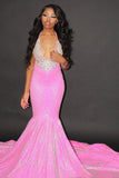 Glittery Blushing Pink Satin Crystal Mermaid Prom Dresses With Sleeveless