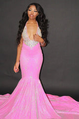 Glittery Blushing Pink Satin Crystal Mermaid Prom Dresses With Sleeveless