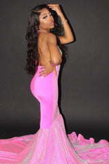 Glittery Blushing Pink Satin Crystal Mermaid Prom Dresses With Sleeveless