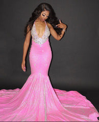 Glittery Blushing Pink Satin Crystal Mermaid Prom Dresses With Sleeveless