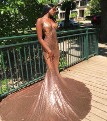 Glittery Sleeveless V Neck Nude Pink Sequins Mermaid Prom Dresses