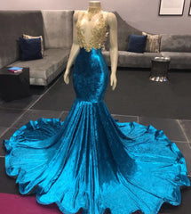 Gold Beads Appliques Prom Dresses Sleeveless Mermaid Sexy Blue Velvet Evening Gowns bc3424