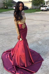 Gold Lace Appliques Off The Shoulder Evening Gowns Long Sleeve Mermaid Prom Dress CE0071