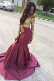 Gold Lace Appliques Off The Shoulder Evening Gowns Long Sleeve Mermaid Prom Dress CE0071