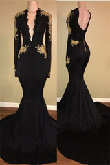 Gold Lace Long Sleeve Prom Dress | Sexy Black Open Back Mermaid Evening Dress BA7942