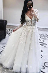 Gorgeous A-Line Tulle Appliques Wedding Dress V-Neck Long Sleeves Ruffles Bridal Gowns On Sale