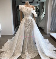 Gorgeous Asymmetrical Appliques Overskirt Ruffles Wedding Dresses