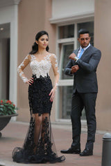 Gorgeous Black and White Long Sleeve Prom Dress Lace Crystal Tulle Evening Gowns BA6242