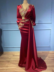 Gorgeous Burgundy Long Sleeves Prom Dress Mermaid With Beadings