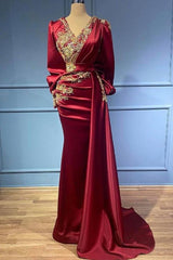 Gorgeous Burgundy Long Sleeves Prom Dress Mermaid With Beadings