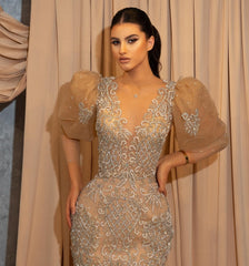 Gorgeous Champagne V-neck with Short sleeves Appliques Lace Prom Dresses