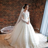 Gorgeous Floral Lace Long Sleeves Bridal Dresses Wedding Dress Aline for Bride