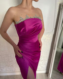 Gorgeous Fuchsia Strapless Crystal Prom Dresses With Split