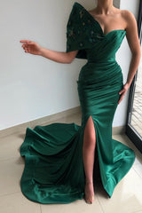 Gorgeous Green One Shoulder Mermaid Prom Dresses with Ruffle