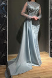 Gorgeous Grey Long Sleeves Jewel Mermaid Stretch Satin Evening Prom Dresses with Appliques