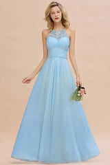 Gorgeous Halter Floral lace aline Chiffon Bridesmaid Dress Sleeveless Ruffle Wedding Guest Dress