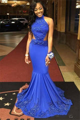 Gorgeous Halter Royal Blue Mermaid Prom Dresses Beading Evening Gowns BA4973