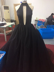 Gorgeous High Neck Keyhole Prom Dresses Black Puffy Tulle Popular Evening Dress BA4184