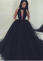 Gorgeous High Neck Keyhole Prom Dresses Black Puffy Tulle Popular Evening Dress BA4184