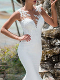 Gorgeous Jewel Satin Lace White Backless Mermaid Wedding Dresses