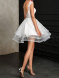 Gorgeous Jewel Sleeveless Lace Ruffles White Short Wedding Dresses