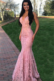 Gorgeous Lace Mermaid Appliques Prom Dresses | Sleeveless V-Neck Mermaid Party Dresses