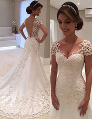 Gorgeous Lace Short Sleeves Bride Dresses Mermaid Wedding Dress