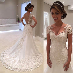 Gorgeous Lace Short Sleeves Bride Dresses Mermaid Wedding Dress