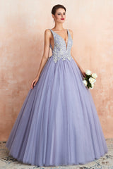 Gorgeous Lavender Lace Prom Dress | V-Neck Ball Gown Tulle Formal Wears